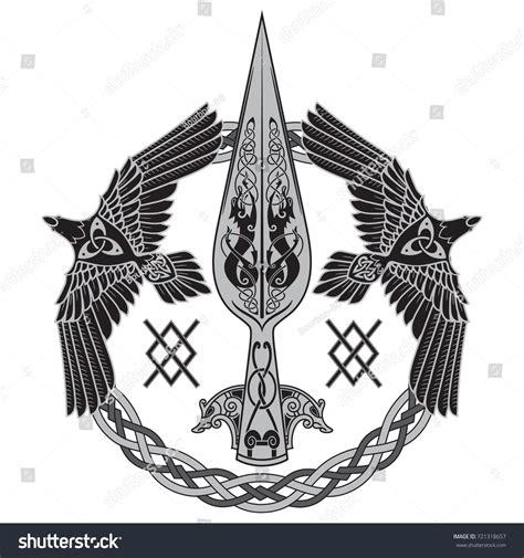 The Spear Of The God Odin - Gungnir. Two ravens and Scandinavian pattern, isolated on white ...