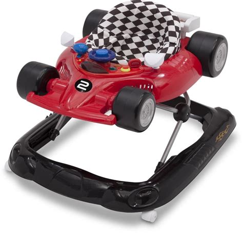 a red toy car with black wheels and checkered hat on it's seat