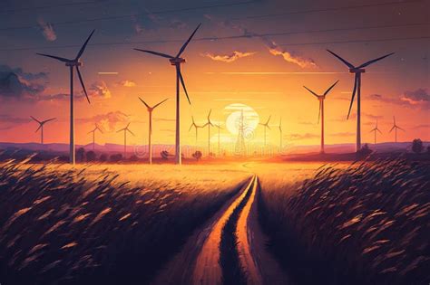 Wind Turbines on a Field at Sunset. Renewable Energy Production Using ...