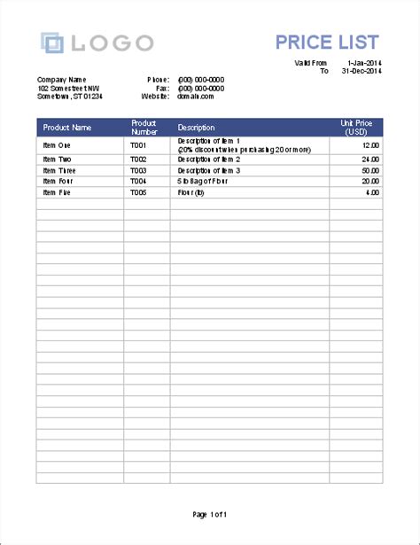 Printable Price List Template for Excel