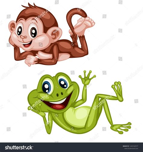 Vector Illustration of Happy Laying Monkey and Frog. Cute Cartoon ...