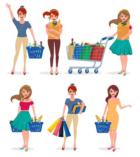 Premium Vector | Woman shopping character set female shopper vector ...