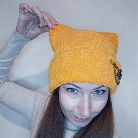 Fluffy beanie with ears. Cat ears beanie crochet. Orange bea - Inspire Uplift in 2022 | Cat ...