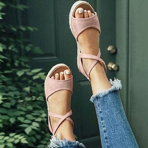 Summer Wedge Sandals Platform Espadrilles Rome Buckle Strap Flock Cover ...