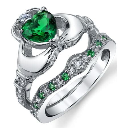 Sterling Silver 925 Heart Shape Claddagh Engagement Ring Wedding Bridal Sets with Green ...