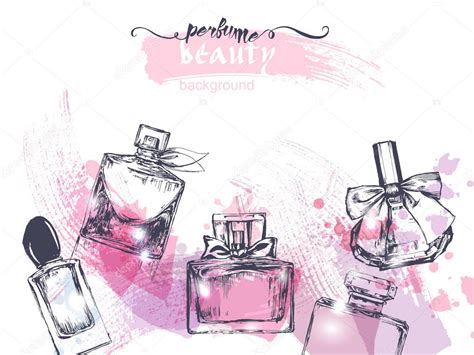 Beautiful perfume bottle, on watercolor background. Beautiful and fashion background. Vector ...
