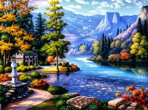 Landscape Painting, Mountains, River and Houses. Beautiful Pictures of the Landscape Near the ...