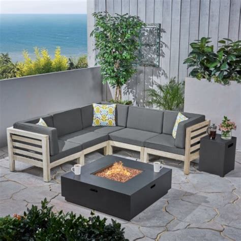 Krystin Outdoor V-Shaped Sectional Sofa Set with Fire Pit weathered gray / dark gray, 1 unit ...