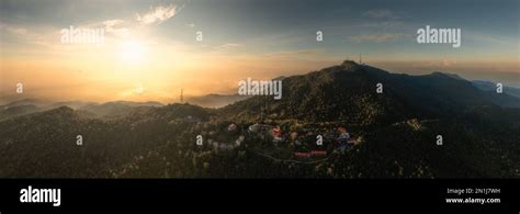 Aerial view of a beautiful sunrise at Jerai Mountain or Gunung Jerai ...