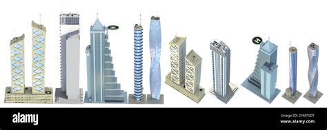 Set of very detailed modern skyscrapers with fictional design and cloudy sky reflection ...