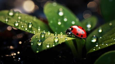 Premium Photo | Red ladybug walking on a leaf with dew drops