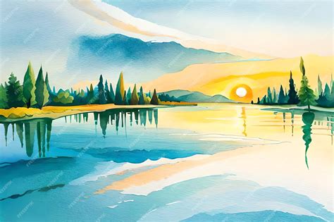 Premium AI Image | A painting of a sunset over a lake with a mountain ...