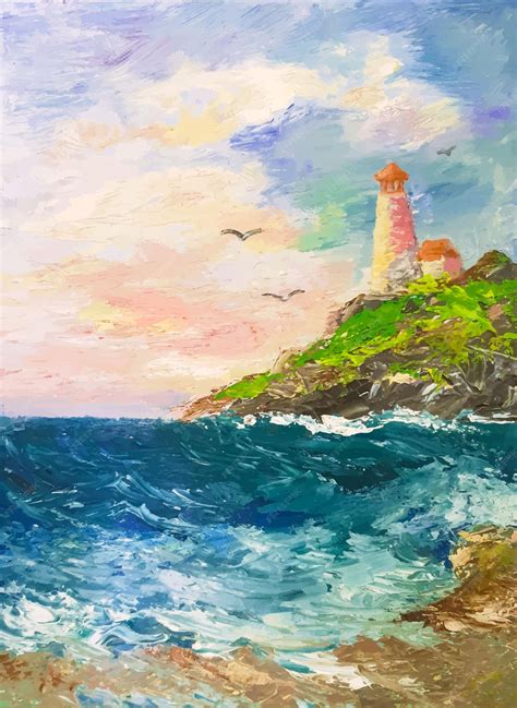 Premium Vector | Lighthouse by the sea oil paintings landscape with ...