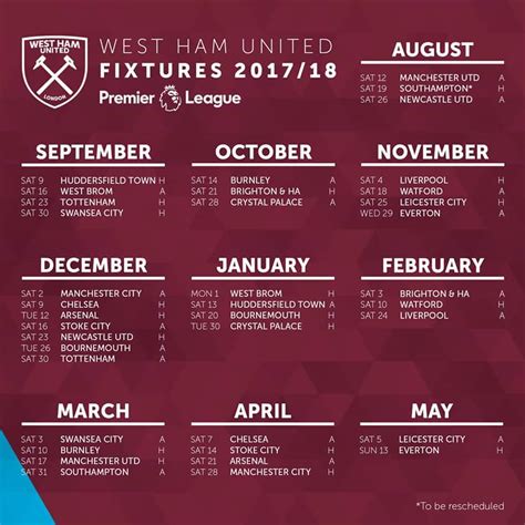 West Ham Fixtures 2017 2018 - West Ham Fixture List