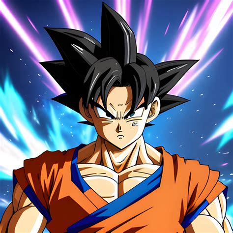 Goku stands in a fighting stance, with an intense, concentrated ...