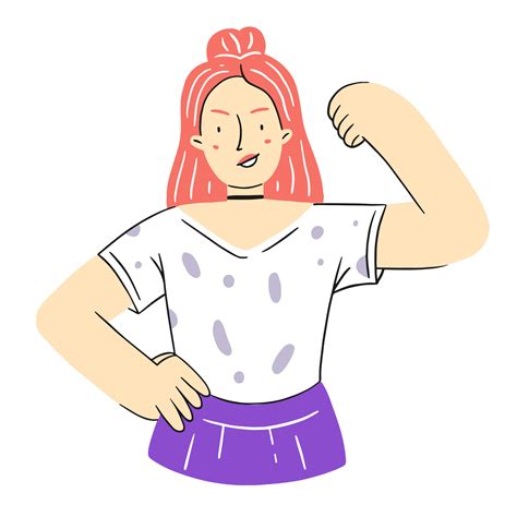 A happy confident girl in a cartoon flat style. A woman shows strength ...