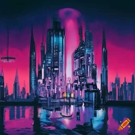 Vibrant 90's metal album art of a futuristic city on Craiyon