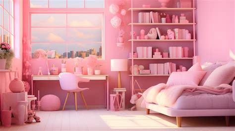 Premium AI Image | 3D rendering of a barbie pink modern bedroom in the attic with a large window