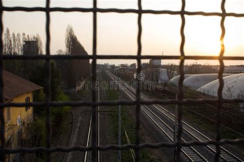 View of Train Tracks at Sunset Stock Image - Image of move, railway ...