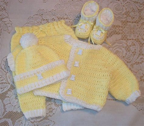 Crochet Baby Boy Yellow Sweater Set Layette with Leggings and