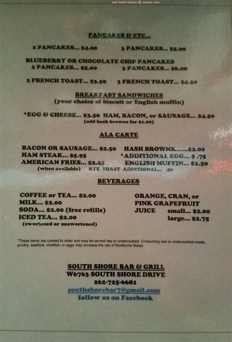 Menu at South Shore Bar & Grill, Delavan, W6763 S Shore Dr