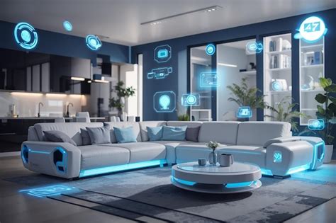 Premium AI Image | Concept art of AI in a house Holographic smart technology Modern living room ...