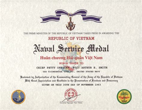 Vietnam Naval Service Medal Certificate