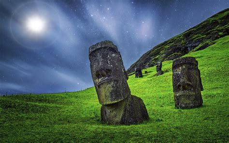 enigma, Nature, Landscape, Moai, Sculpture, Starry Night, Grass, Moonlight, Easter Island, Rapa ...