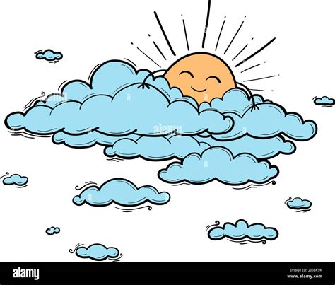 Sun and Cloud kids drawing for nursery in cartoon outline style. Blue boy vector illustration ...