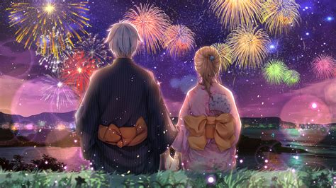 Anime, Couple, Fireworks, Kimono, 4K, #86 Wallpaper PC Desktop