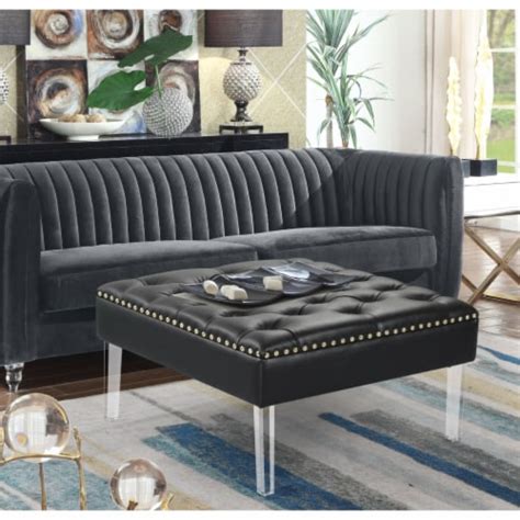 Marie Square Ottoman Center Table Button Tufted Pu Leather Upholstered Acrylic Legs Black, 1 ...