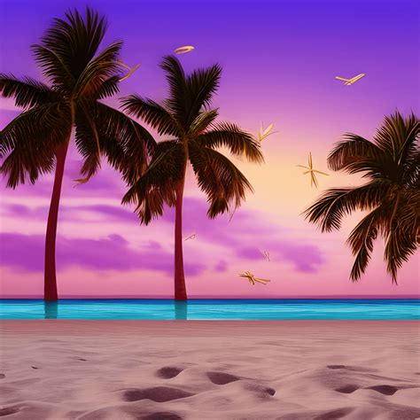 Beautiful Sandy Beach with Palm Tree and Lilies at Sunset · Creative Fabrica