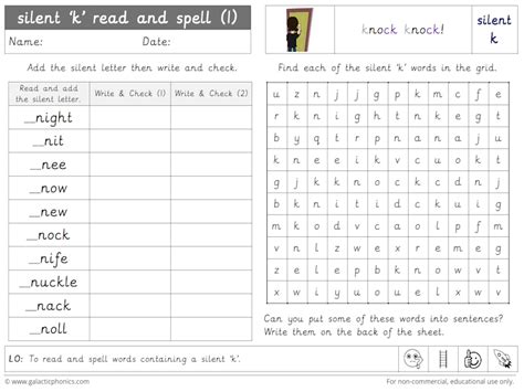 silent k phonics worksheets and games - Galactic Phonics