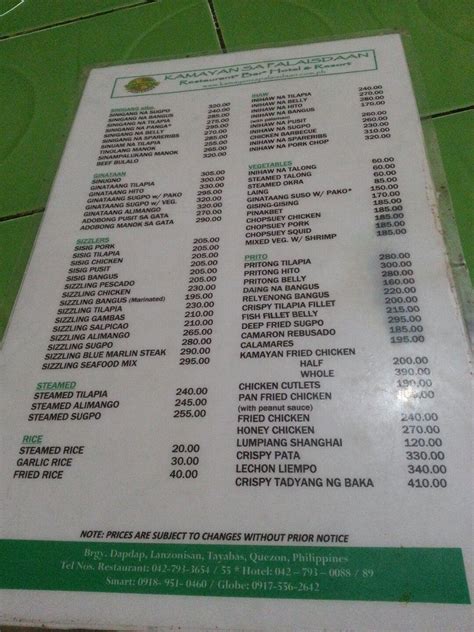 Menu at Kamayan sa Palaisdaan restaurant, Tayabas, 3H6F+742