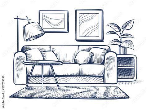 Sketch living room. Doodle house interior with couch, lamp and picture frames. Freehand drawing ...