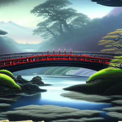 Majestic Japanese Bridge and Pagoda Painting · Creative Fabrica