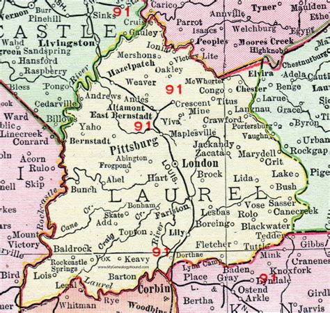 Laurel County, Kentucky 1911 Rand McNally Map London, Pittsburg, Lily, KY