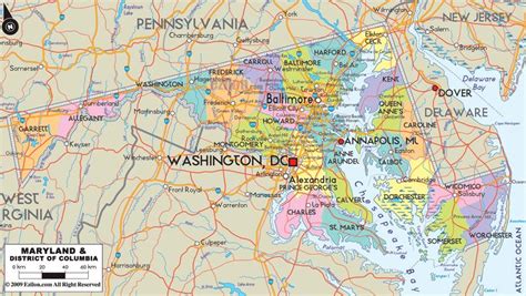 Good map of Maryland with surrounding states and water; color-coded counties, and major cities ...