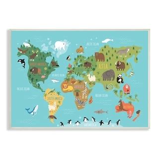 Stupell Country Animals World Map Continents Wildlife Diagram Wood Wall Art, Design by Abi Hall ...