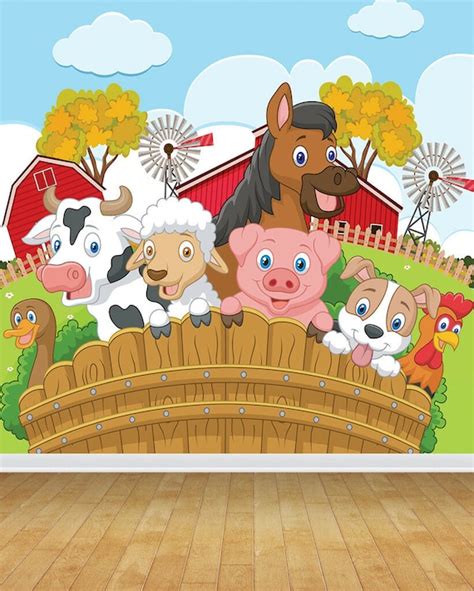 Kids Children Nursery Farm Animals Cow Pig Wallpaper Mural | Etsy