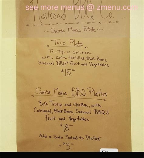 Online Menu of Railroad BBQ Restaurant, Paso Robles, California, 93465 - Zmenu