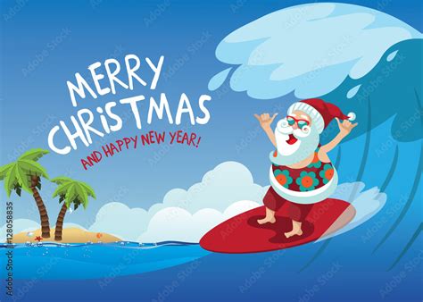 Merry Christmas Cartoon Santa Claus surfing a gnarly wave while giving ...