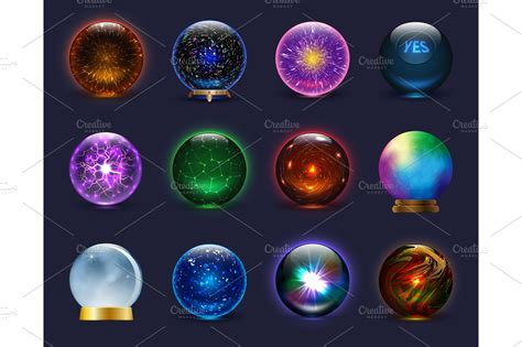 Magic ball vector magical crystal glass sphere and shiny lightning transparent orb as prediction ...