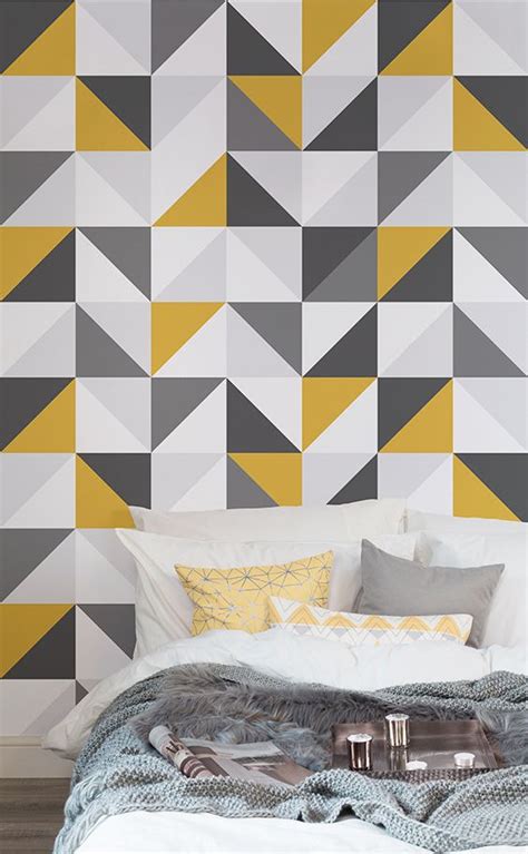 Bedroom Wallpaper Yellow, Grey Wallpaper, Mural Wallpaper, Wallpaper Ideas, Geometric Wallpaper ...