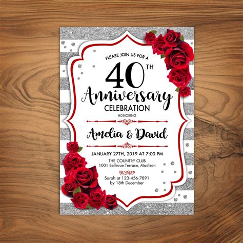 40th Wedding Anniversary Invitation. ANY YEAR. Ruby Red Silver Whit… | Wedding anniversary ...