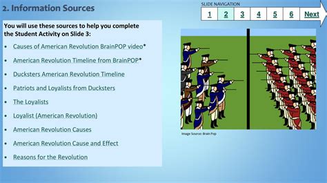 SLIDE NAVIGATION Loyalists and Patriots: Two sides during the American Revolution 1. Inquiry ...