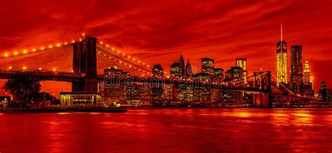 Panorama New York City at Night in Red Tonality Stock Image - Image of apple, brooklyn: 94752237