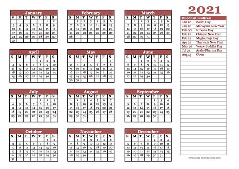 2021 Buddhist Festivals Calendar Template - Free Printable Templates