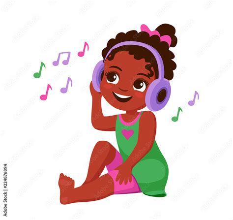 cute little african american girl in headphones listening to music. Cartoon vector illustration ...