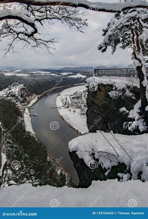 River in Winter at the Bastei Bridge in Saxon Switzerland National Park ...